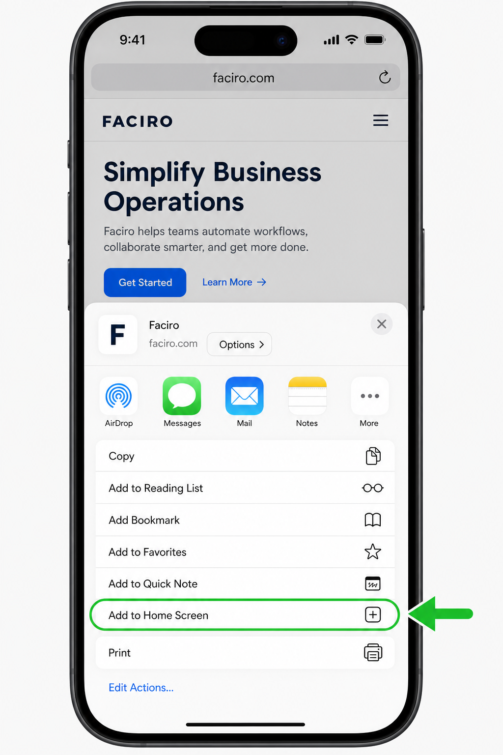 iPhone Safari share menu with Add to Home Screen highlighted