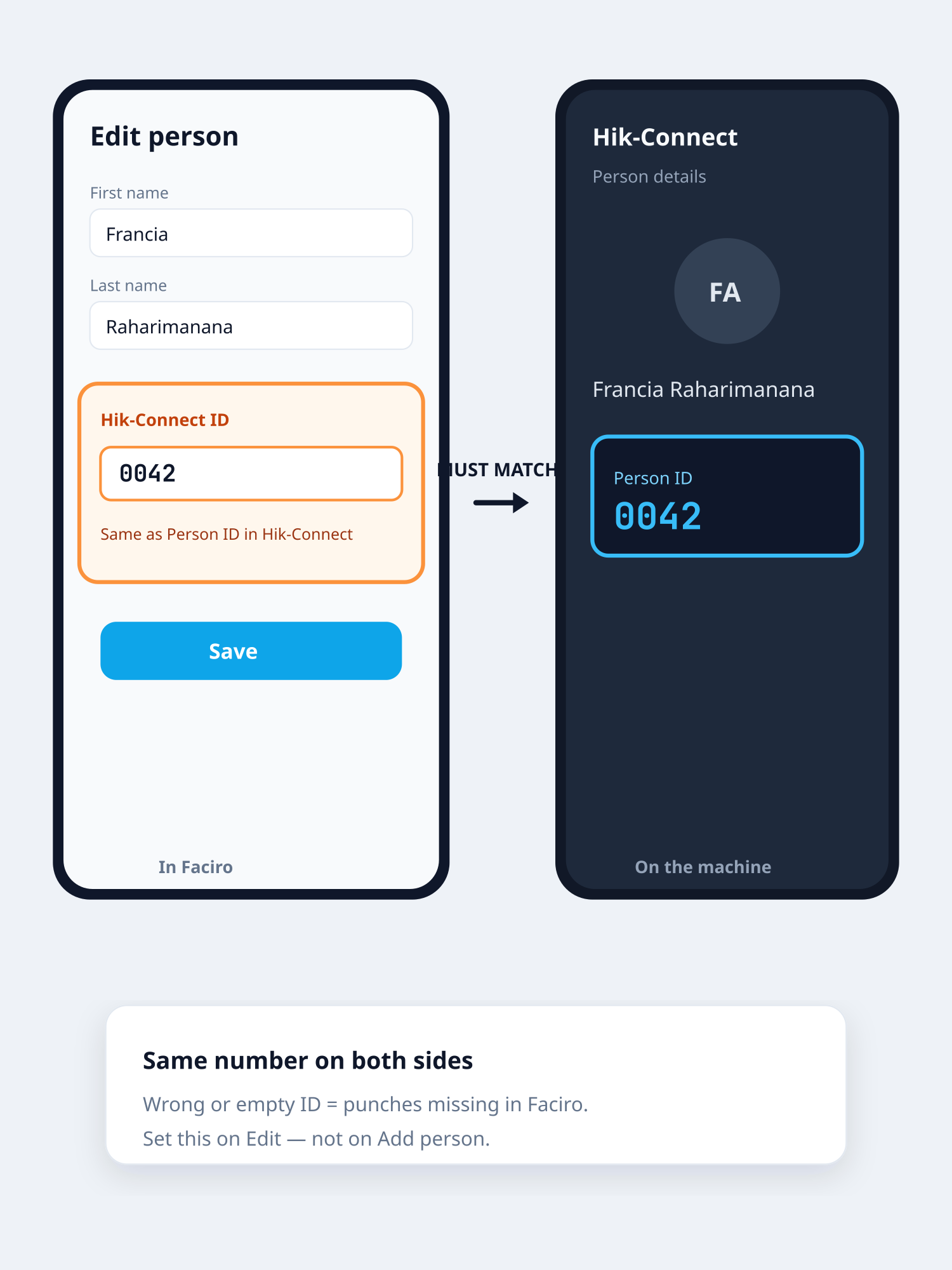 Faciro Hik-Connect ID field matching Person ID on the attendance machine
