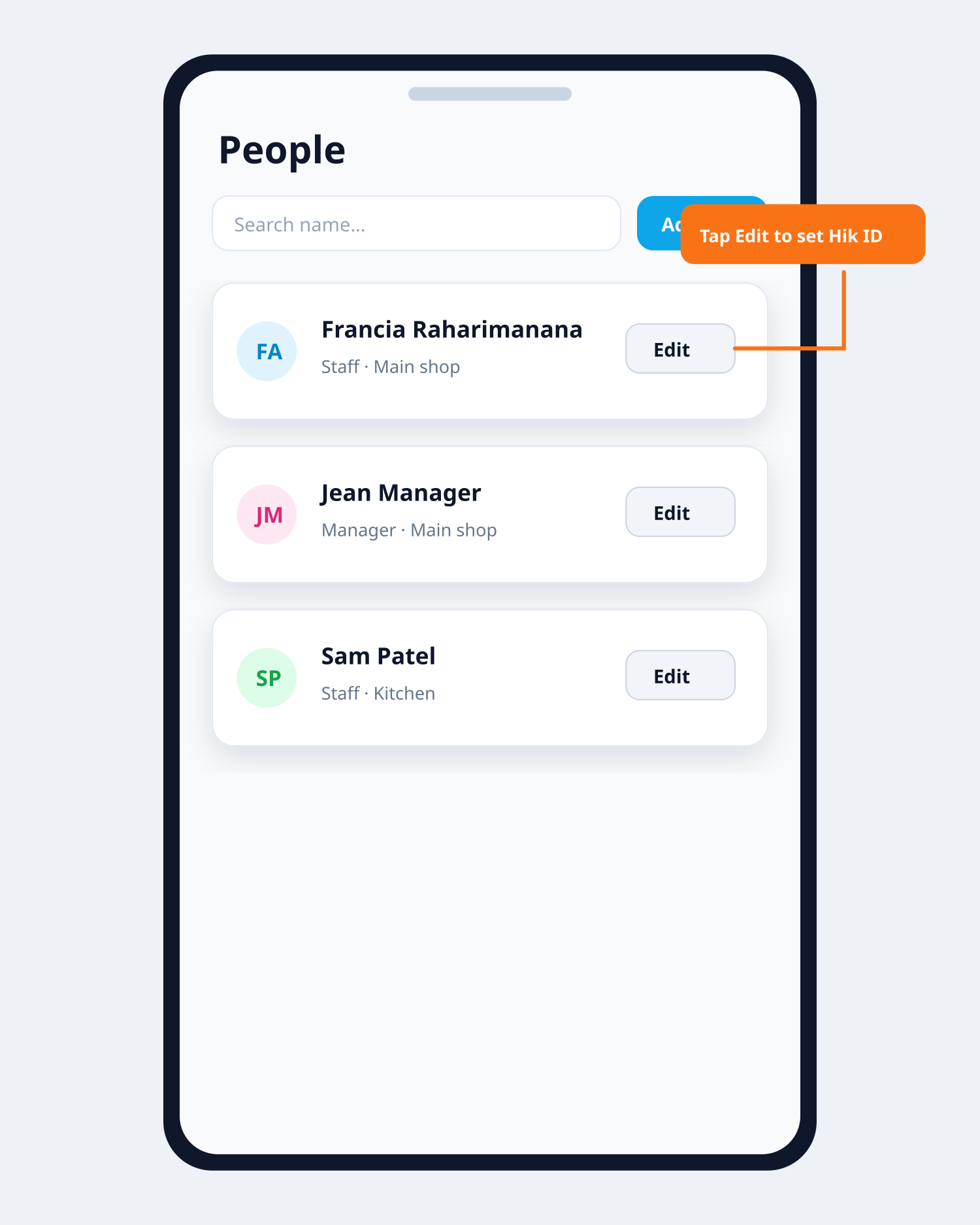 Faciro People list with Edit buttons on each staff card