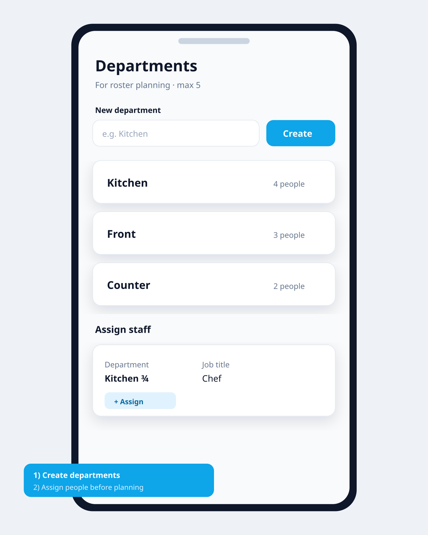Departments page with Create and Assign staff