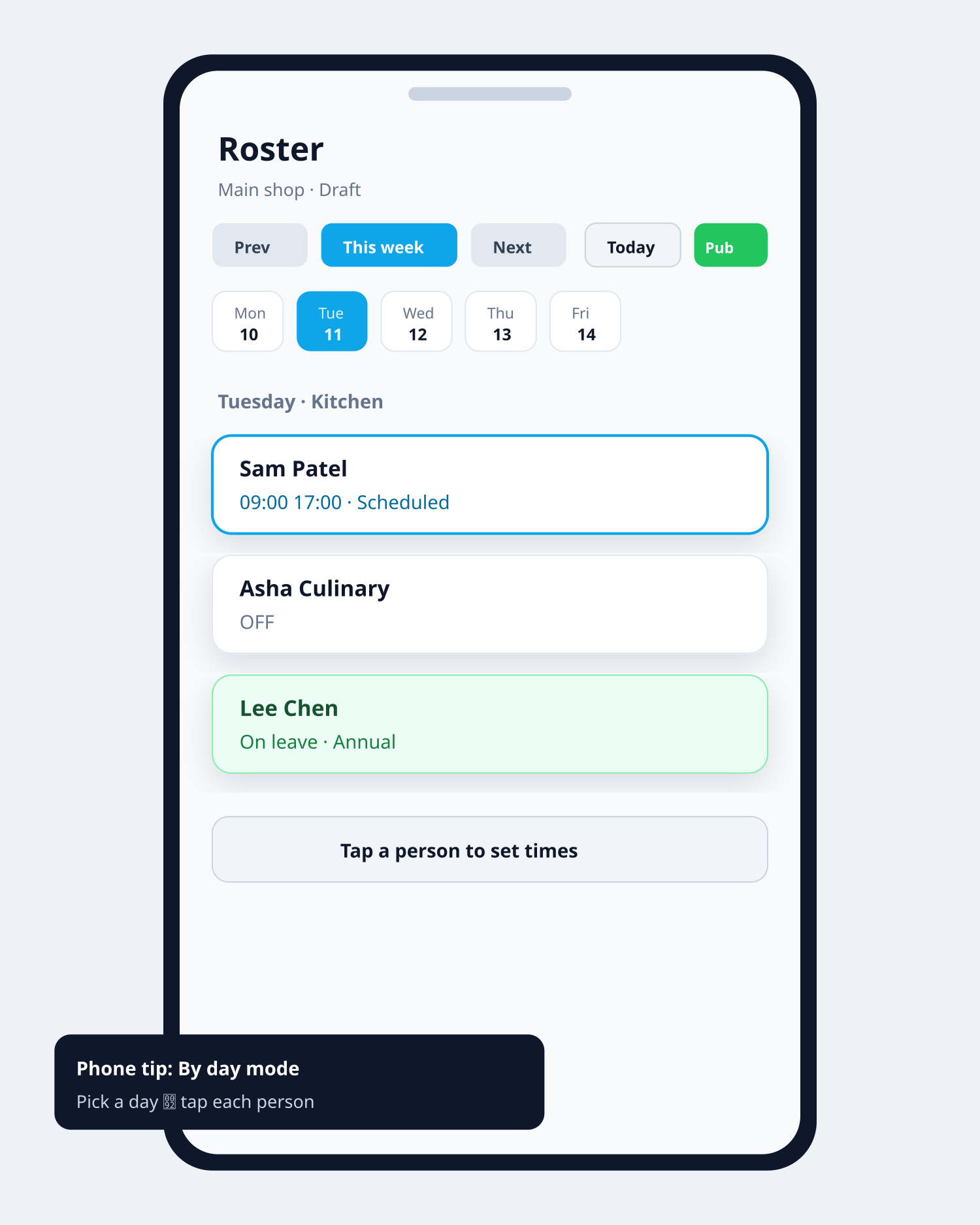 Roster phone view planning Tuesday shifts by person