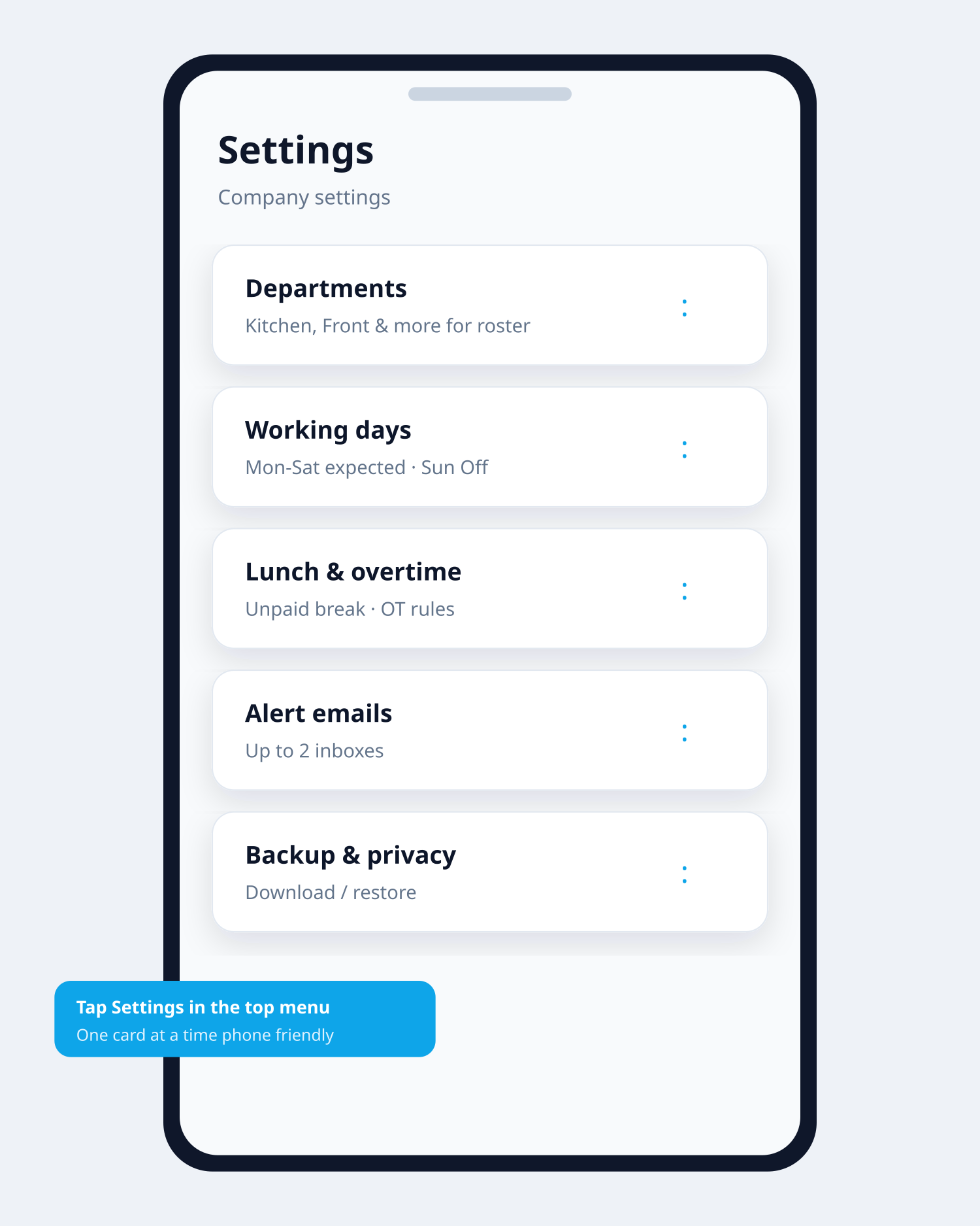 Faciro Settings screen with Departments, Working days, Lunch, and Alert emails cards